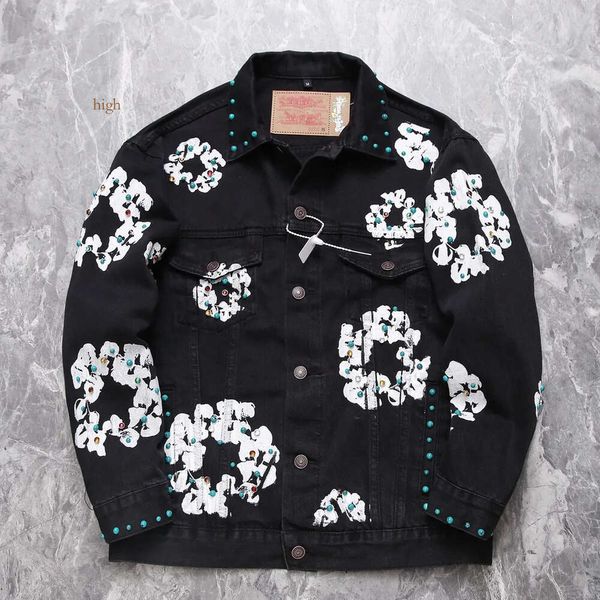 2024 Mens Designer Jaquetas Pretas Mens Cowboy Casaco Hip Hop Decoração Gemstone Flor Carta Buttonstreetwear Homens Denim Jaqueta Alta