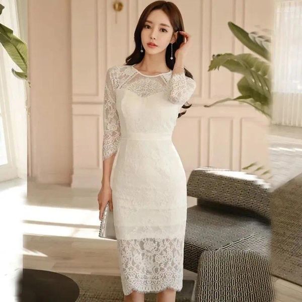 Vestidos casuais de alta qualidade vestido de festa de renda mulheres 2024 primavera estilo coreano sem costas elegante senhoras magro joelho-comprimento bodycon w1553