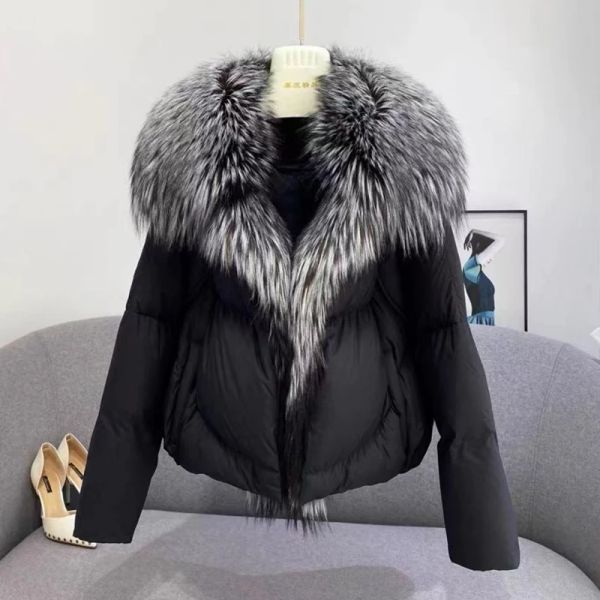 Cappotti Lagabogy 2023 Inverno Donna 90% Piumino d'anatra bianca Cappotto Super Large Vera pelliccia di volpe argentata Collo Spessore Capispalla di lusso Puffer Giubbotti