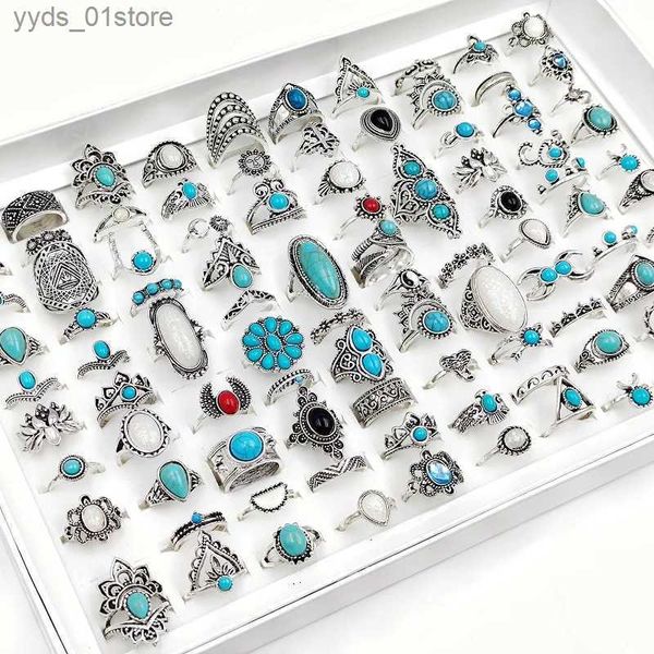 Anelli di banda 50/PCSS/LOT Vintage Boho Blue Stone Turquoise Anelli per donne Stili all'ingrosso Mix Styles Ringi per le dita etniche Set di gioielli Gifts L240305