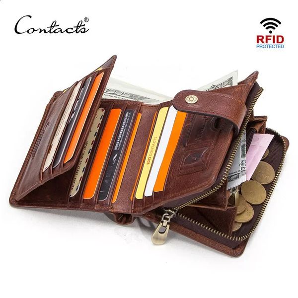 KONTAKTE Echtes Leder RFID Vintage Brieftasche Männer Mit Münzfach Kurze Geldbörsen Kleine Reißverschluss Walet Kartenhalter Mann Geldbörse 240301