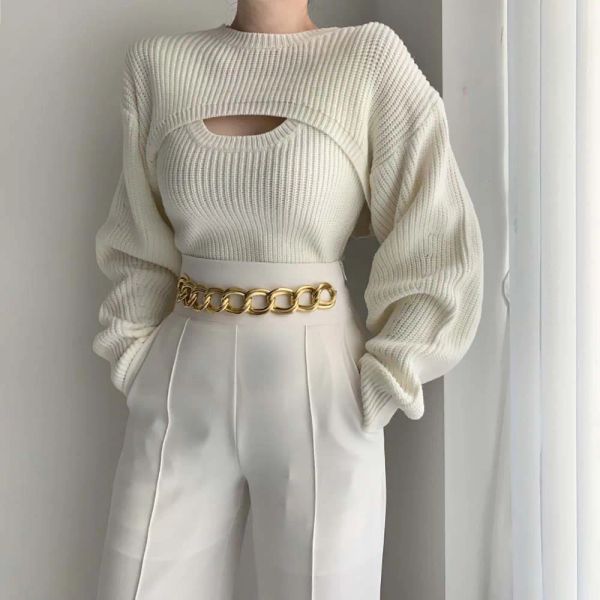Кардиганы 2023, женские вязаные белые болеро Y2K, свитер из 2 предметов, женский осенний наряд с длинными рукавами, трикотажная одежда, свитер с плечами, кардиган