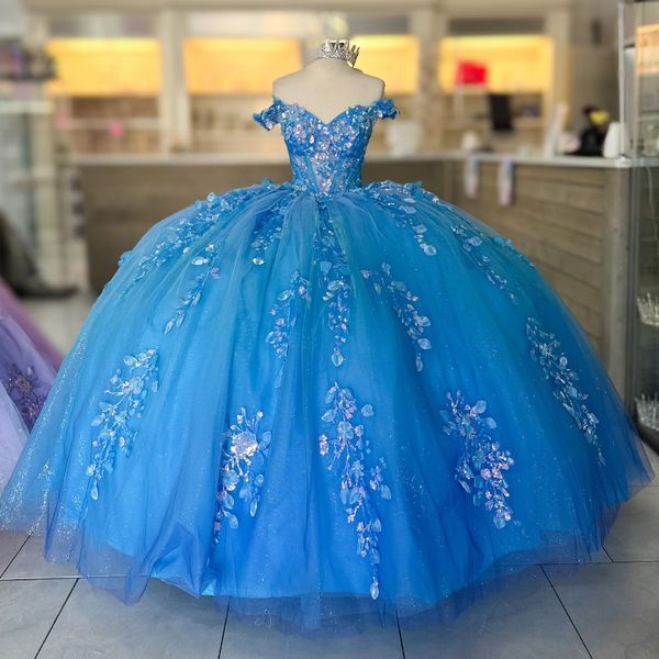 Hellblaue, glänzende Prinzessin Quinceanera-Kleider, Ballkleid, schulterfrei, Applikation, Spitze, Perlen, Tüll, Korsett, Sweet 15, Vestidos De XV Anos