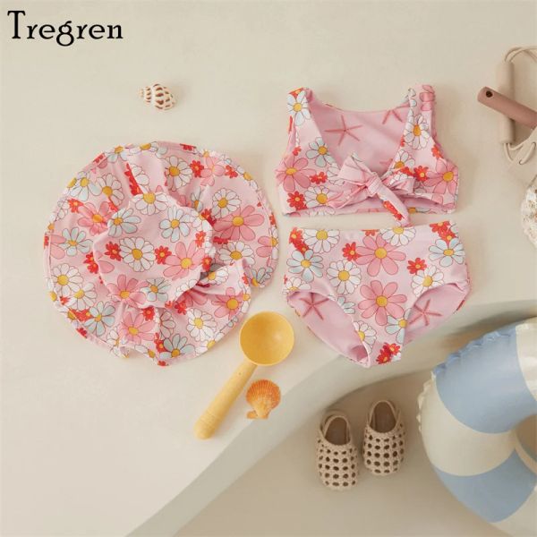 Roupas de banho tegren fofo criança garotas de verão tampo de tanque de arco sem mangas + shorts floral pp + chapéu 3pcs biquínis