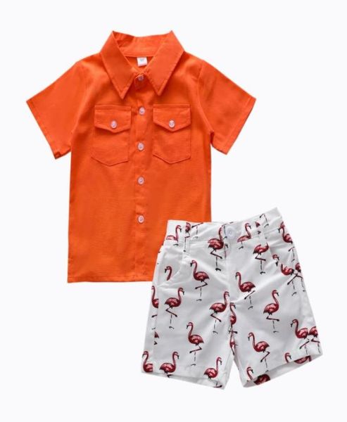 Conjuntos de roupas moda crianças terno meninos roupas verão menino conjunto laranja camisa flamingo impressão shorts para kids4483221