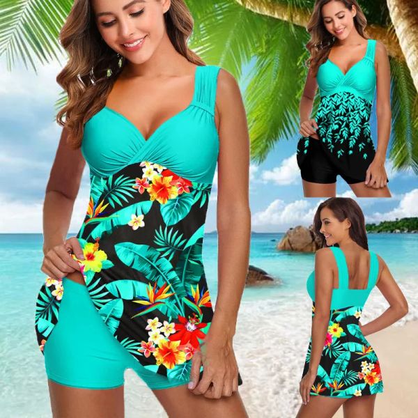 Conjunto de plus size duas peças roupas de banho de roupas de banho feminino impressão de flor Summer Garge Bathing Tankini Beachwear Sexy Bikini Swimdress