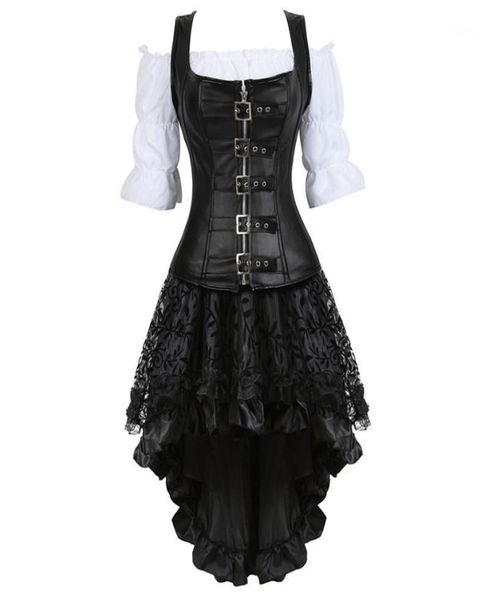 Bustiers espartilhos plus size 6xl steampunk espartilho vestido para mulher três peças de couro com saia e camisa renascentista gótico pira8504610