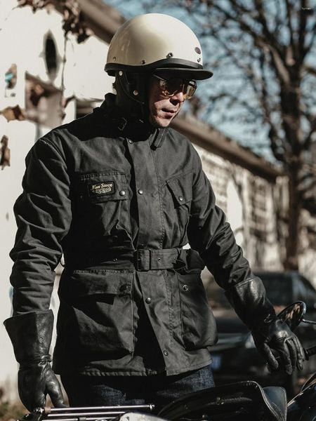 Мужские куртки ВНЕ НАЛИЧИЯ Вощеная мотоциклетная куртка Винтажное пальто с поясом средней длины, черное