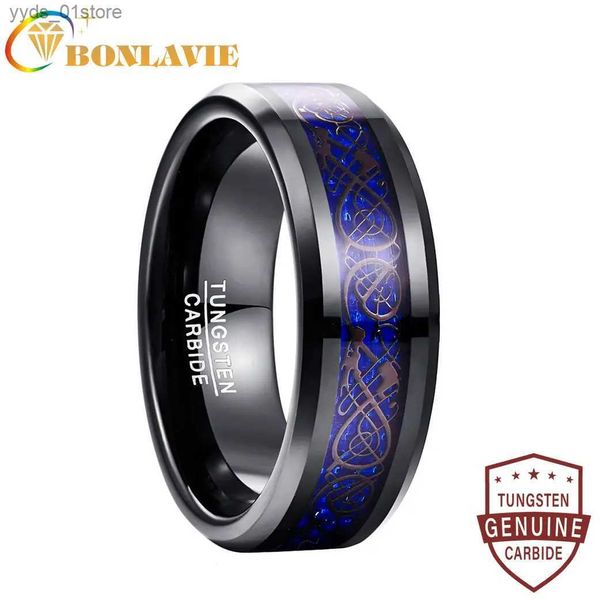Bandringe BONLAVIE Blue Dragon Tungsten Caide Soul Mate Ring Herrenschmuck Hochzeit 8 mm breite Beschichtung schwarze Ringe bestes Geschenk für Ehemann L240305