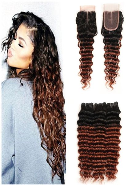 Brasileiro 33 tece 100 extensões de cabelo humano onda profunda escuro ruivo ombre cabelo 3 pacotes 8a cabelo castanho escuro com fechamento de renda 5442362