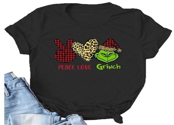 Футболка Peace Love Grinch Pirint, женские забавные клетчатые футболки с рисунком, топы с короткими рукавами в стиле Харадзюку, женская эстетичная одежда 2103152508246