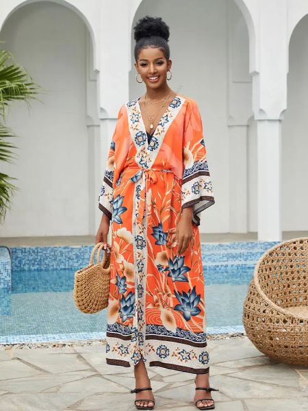 Cover-up verão laranja boho impresso auto cinto frente aberta longo quimono vestido beachwear túnica feminino maiô cobrir aconchegante housr robe q996
