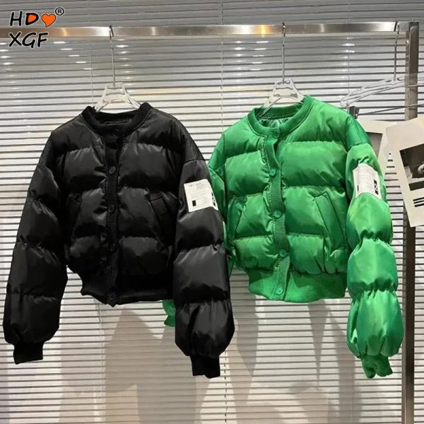 Parkas Korean Fashion Green Baseball Cropped Paded Coat Winter Neu Oneck Single Breace Snow Wear Parkas Casual Women Allmatch Tops