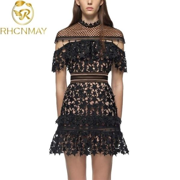 Sommer Selbst Porträt Runway Spitze Kleid Frauen Schwarz Aushöhlen Stern Häkeln Mantel Hülse ALine es Party Vestidos 2105208681274