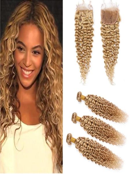 Mel Loira Peruano Encaracolado Cabelo Humano Tecer Tramas com Fechamento 27 Castanho Claro Kinky Curly Cabelo Virgem 3 Pacotes com Fechamento de Renda 9398431