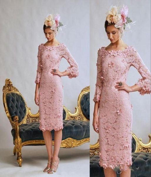 2023 Sexy Curto Rosa Mãe de Vestidos de Noiva Illusion Full Lace Feito à Mão Flores Na Altura Do Joelho Plus Size Party Wedding Guest Vestidos 6448558