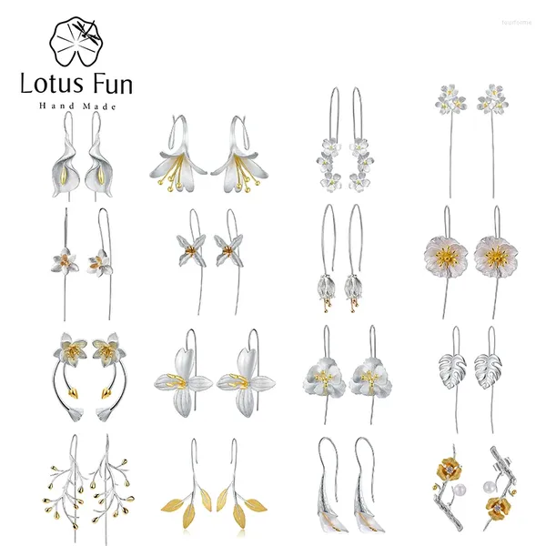 Dangle Küpeler Lotus Fun Real 925 STERLING Gümüş Yapraklar Çiçek Damlası Dropship Toptan Lüks Doğal El Yapımı İnce Mücevherat
