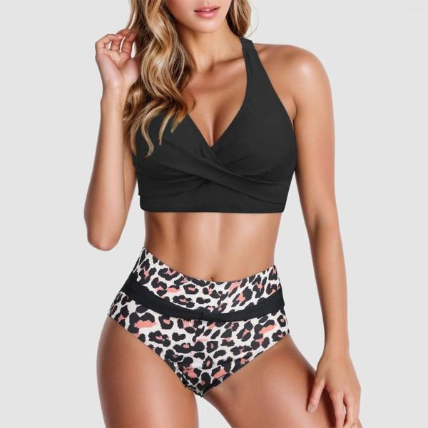 Mulheres de banho sexy leopardo impressão cintura alta ruched halter bikini verão push up duas peças maiôs moda maiô