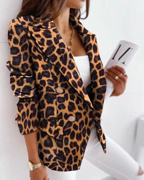 Blazers 2022 mais recente manga longa Blazer Jackets femininos Cardigan Verifique o leopardo impressão de outono fêmea fêmea fêmea de colar de turamente tops tops