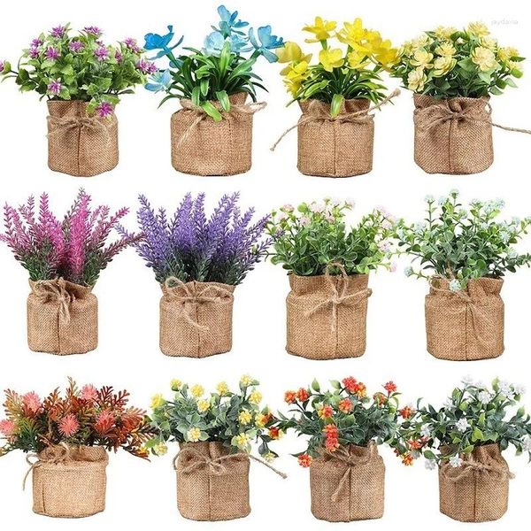 Dekorative Blumen Mini künstlicher Lavendel im Topf, künstliche Schleierkraut-Blume in Leinen-Sackleinen-Topf für Zuhause, Tischdekoration, Lila, Rosa, Weiß