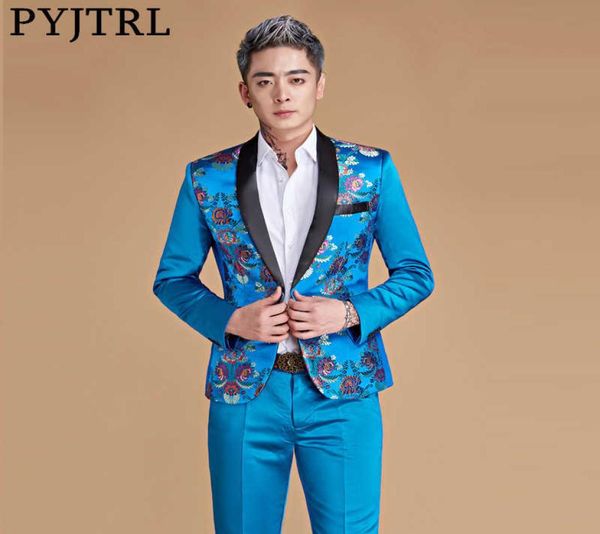 Pyjtrl erkekler şal yaka Çin tarzı kraliyet mavi altın kırmızı ejderha baskı takım elbise son ceket pantolon tasarımları sahne şarkıcı giyim kostüm x095725583