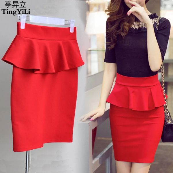 Saia tingyili 3xl 4xl 5xl peplum saia escritório senhora plissado saia feminina sexy mini saia lápis com fenda vermelho preto saia