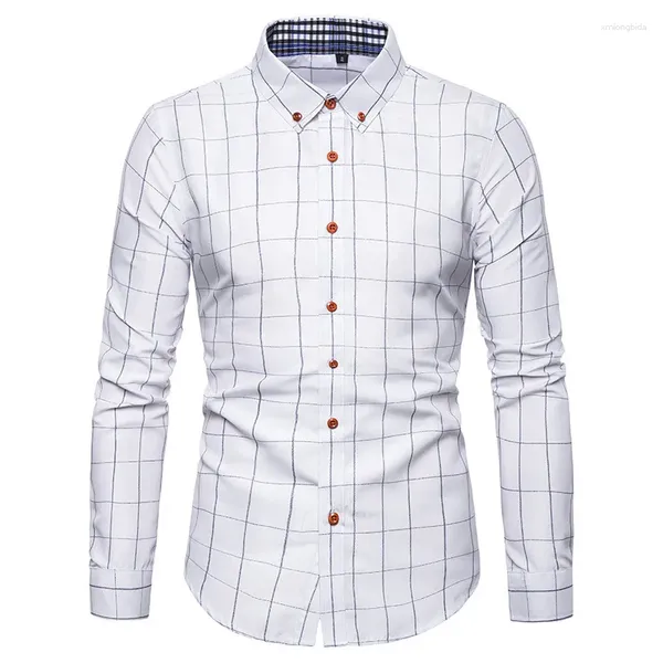 Camicie casual da uomo Abito scozzese da uomo bianco Slim Fit manica lunga abbottonato 2024 Moda uomo lavoro camicia di marca aziendale Chemise Homme