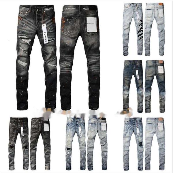 Jeans roxo designer para homens calças retas skinny baggy denim europeu hombre calças motociclista bordado rasgado para tendência 29-40 awi6
