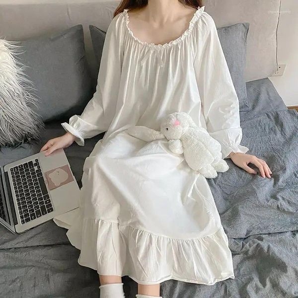 Mulheres sleepwear sexy branco noite vestido mulheres estilo coreano babados pijamas manga longa sólida nightie solto camisola para dormir senhoras