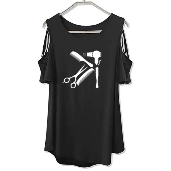 Camiseta arte cabeleireiro camiseta penteado barbeiro camisa engraçada feminina tumblr moda manga curta feminina topos fora do ombro oco camiseta