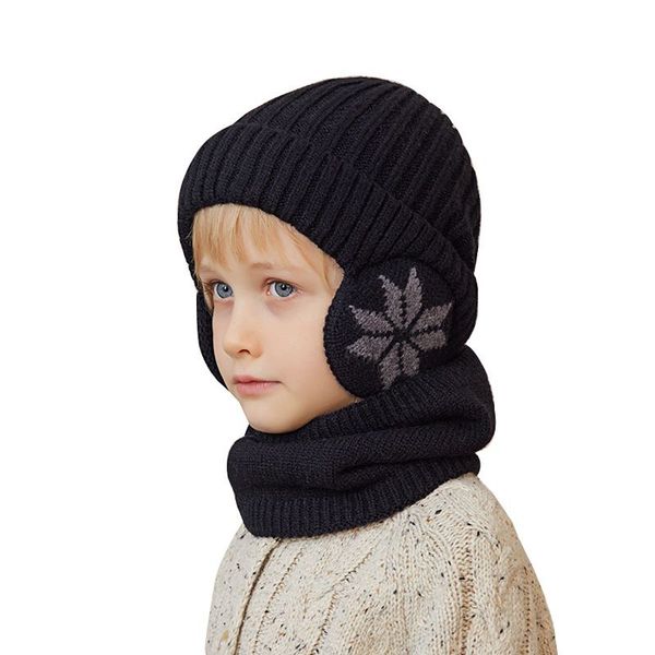 Winter Jungen Kinder Mütze Schal Set Plüsch Halswärmer Strickmütze mit warmen Ohrenschutzhüllen