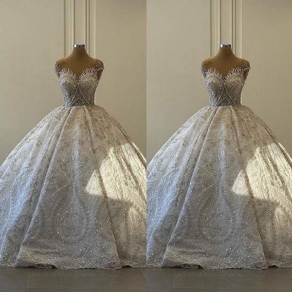 Ballkleid-Hochzeitskleider, transparent, mit Juwelenausschnitt, Prinzessinnen-Brautkleid, Perlen-Pailletten, bauschiges Brautkleid