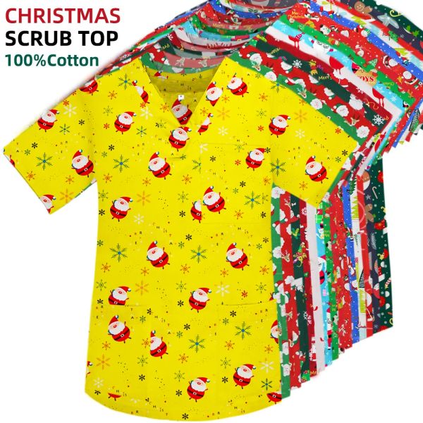 T-Shirts Neue Weihnachten Scrub Tops Santa Print Baumwolle Zahnarzt Labor Tierarzt Apotheke Tierhandlung Medizinisches Krankenhaus Krankenschwestern Ärzte Uniformen Frauen Männer