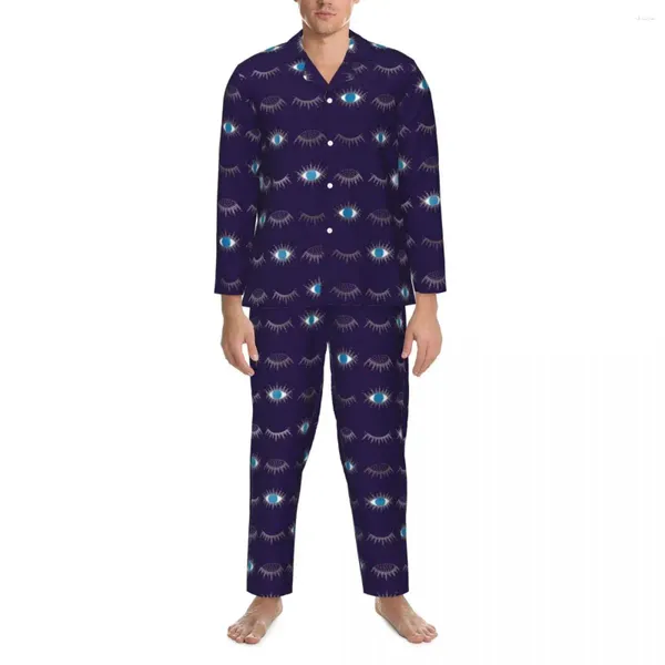 Masculino sleepwear azul mau olho pijama conjunto outono nazar mati impressão romântica noite homens 2 peças casual oversize personalizado nightwear presente