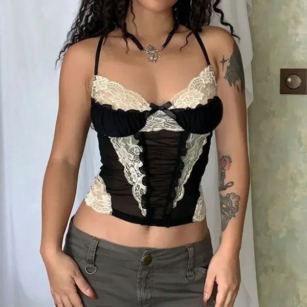 Canottiere con top stile giapponese anni 2000 y2k corsetto di pizzo bianco crop top gilet coquett vestiti sexy canotta canotta camisas in bianco e nero