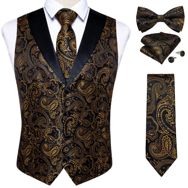 Westen Marke Anzug Weste Set Für Männer Luxus Seide Schwarz Gold Paisley Kleid Weste Krawatte Manschettenknöpfe Taschentuch Set Männlichen Ärmellose weste