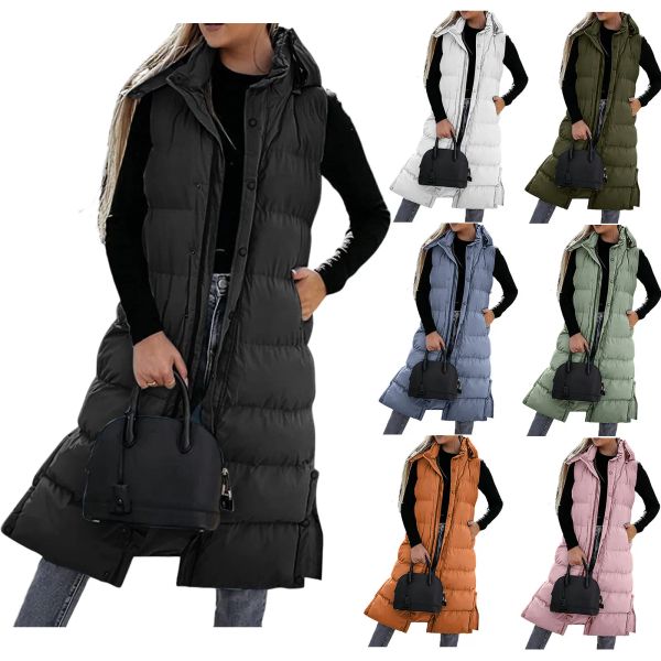 Coletes das mulheres longo com capuz colete inverno sem mangas casaco quente para baixo casaco com bolsos acolchoado jaqueta ao ar livre com zíper único breasted topo