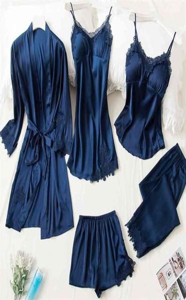 Pigiama di seta blu Estate Autunno Primavera 5 pezzi Set Pigiama donna elegante Top Pantaloni elastici in vita Lounge Sleepwear Homewear 2108313933159