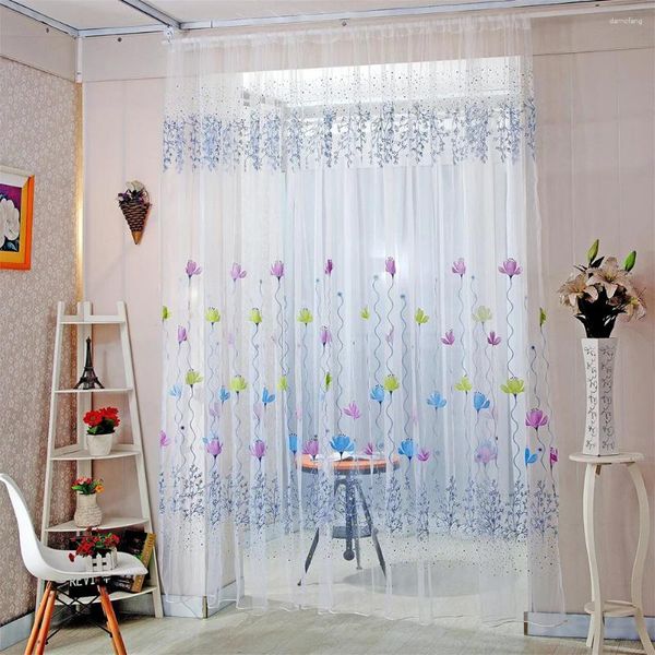 Cortina de bloqueio solar cortinas pura janela tule floral impresso conjunto grommet cortinas voile painel valance