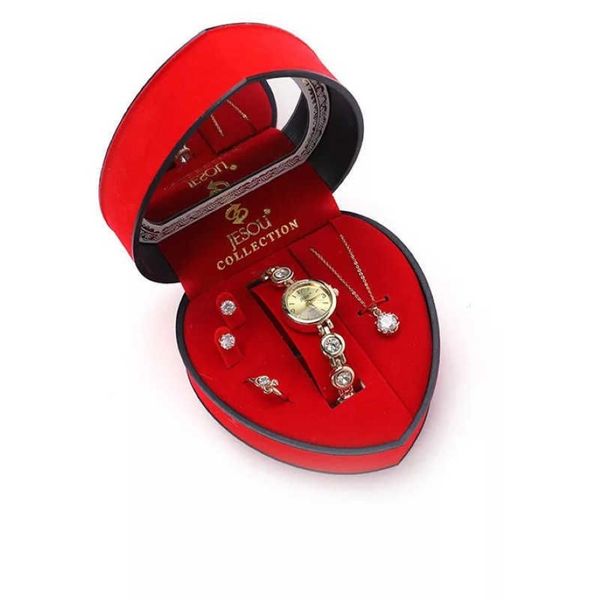 Pulseira feminina Relógio Conjunto de colar de cristal de cristal dourado Brincos de jóias do anel de jóias femininas