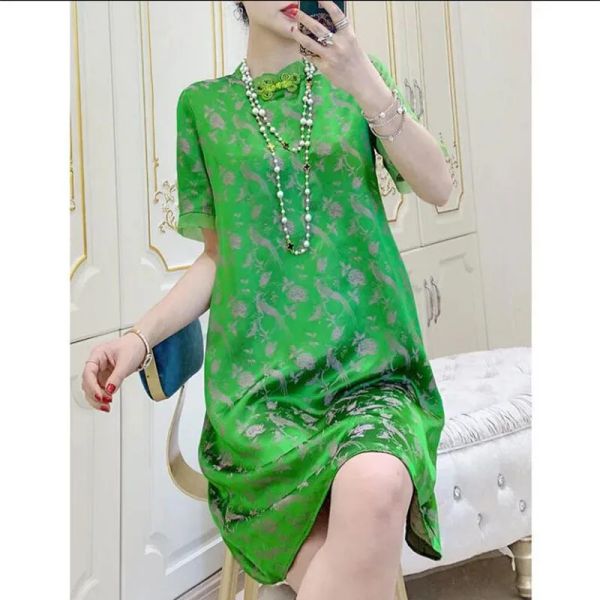 Kleid Smaragdgrün Druck Nachahmung Seide Cheongsam Kleid HighEnd Dame Kleid Sommerkleid 2023 Neue frauen Verbesserte Qipao Vestidos