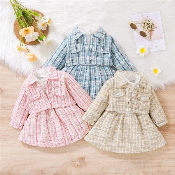 Sets Girls -Kleidungsstücke Sets Neue Herbstplaid Langarm Outwear+Patchwork Kleid 2pcs für Kinder Kleidung Sets Babykleidung Outfits