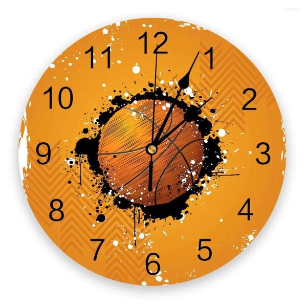 Orologi da parete Arancione Rotondo Basket Graffiti Sport Silenzioso Home Cafe Arredamento per ufficio per cucina Art Large