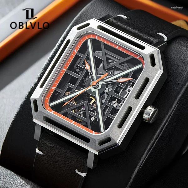 Armbanduhren OBLVLO Rechteckige transparente Zifferblatt Skeleton Uhr Mode leuchtende Männer Sport Armbanduhr Saphirglas wasserdichte Uhr