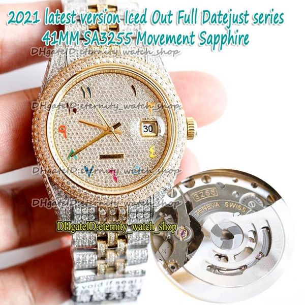 eternidade versão mais recente Rainbow Árabe Diamonds Dial SA3255 Automatic 86409 126334 126333 Mens Watch Two Tone Strap Iced Out Full 307J