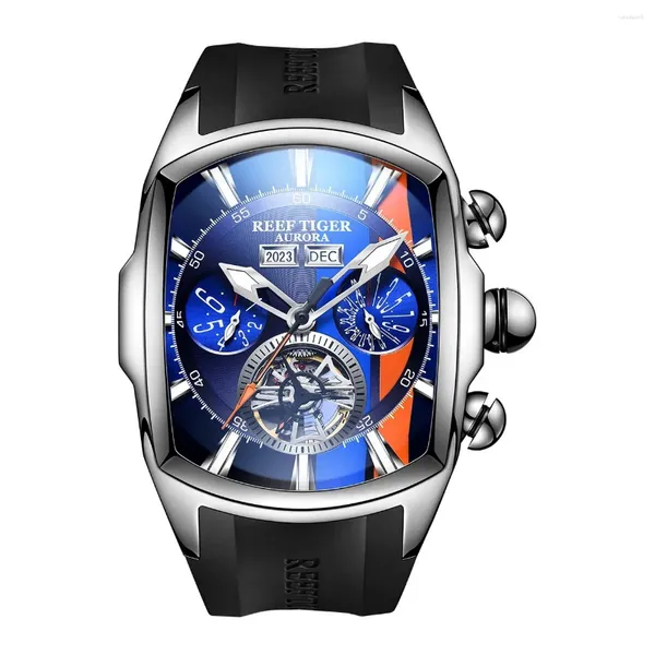 Armbanduhren Reef Tiger Herren Automatikuhr 47 mm Tonneau-Gehäuse Sport mechanische Armbanduhr Skeleton Luminous Multi Dial Jahr Monat Woche Datum