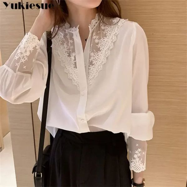 Hemd Y2K Vintage Koreanischen Stil Taste Lange Ärmeln Blusen Elegante Oneck Schlanke Büro Dame Top Neue Spitze Patchwork Chiffon Shirts frauen