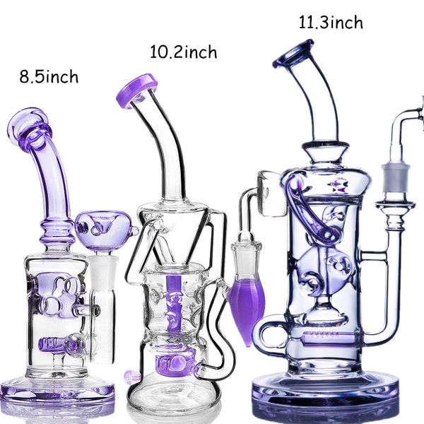 Mor Geri Recycler Dab Teçhizatlar Kalın nargile Bongs Cam Su Boru Fıskığı Kuru Bitki Yağı Teçhizat Sigara Aksesuarları 14mm Eklemli