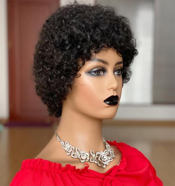 Curto afro kinky encaracolado peruca pixie corte perucas brasileiro remy cabelo afro puff perucas de cabelo humano para as mulheres completa mahine feito perucas 2527734