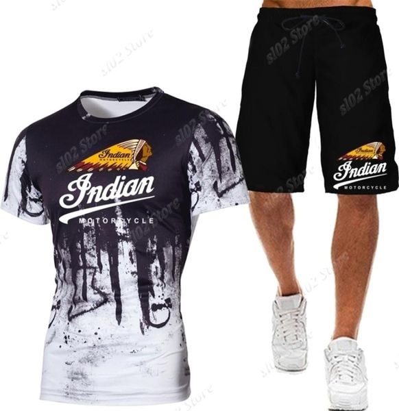 Herren039s Indian Skull Camouflage Gedruckt Kurzarm TeesSuits Plus Größe Männer Sportwear Motorrad Racing T-shirt Shorts Tracks3822147